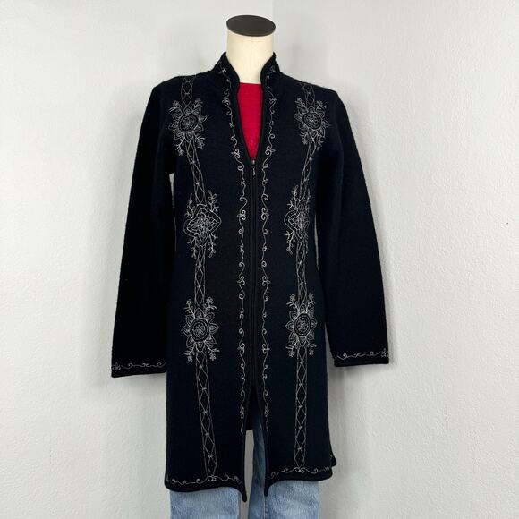 Wool Embroidered Zip Long Cardigan Sweater Black Fairycore Whimsigoth Size Small - Picture 3 of 8